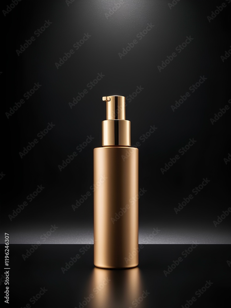 Naklejka premium Shiny Gold Cosmetic Bottle on Black Surface with Moody Lighting and Soft Shadows – High-End Beauty Product Aesthetic Mockup