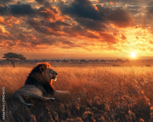 A serene scene of a lion lying on a small hill in the savanna, gazing toward the horizon as the sun dips below the landscape, with intricate textures of the dry grass