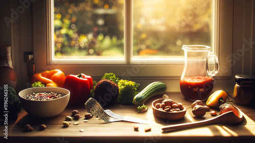 Generative AI Still_Life_Photography__a_measuring_tape_arranged_alongside_healthy_diet_food_items_such_as_fresh_vegetables__fruits__nuts__and_a_smoothie_bowl__placed_on_a_wooden_table_