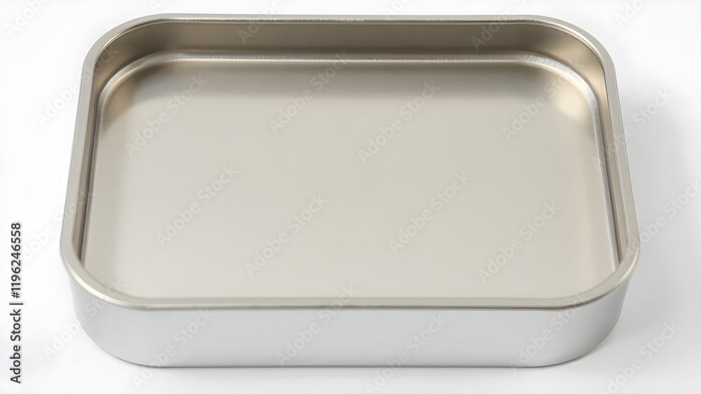 A compact square tin box with a smooth metallic finish, studio lighting, vivid colors, close-up, centered on white. A compact square tin box with a smooth metallic finish, studio lighting, vivid colors, close-up, centered on white.