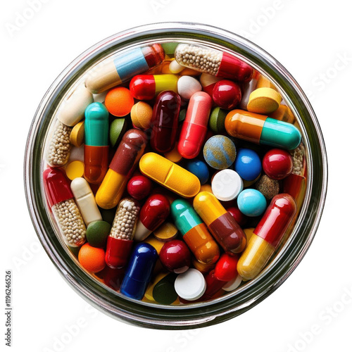 Glass jar full of colorful pills and capsules isolated on transparent background. Top view.