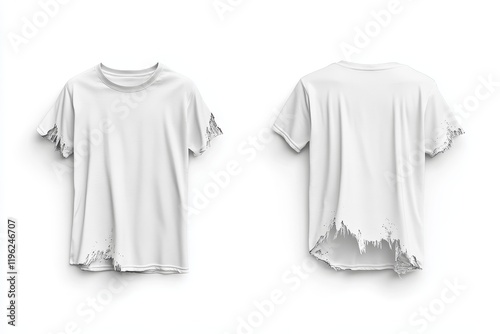 White distressed t-shirt mockup, front and back view.