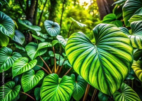 Lush Philodendron Verrucosum thrives in vibrant rainforest greenery, a long exposure capturing its jungle beauty. photo