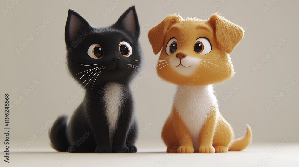 Fototapeta premium Adorable 3D Render of a Kitten and Puppy