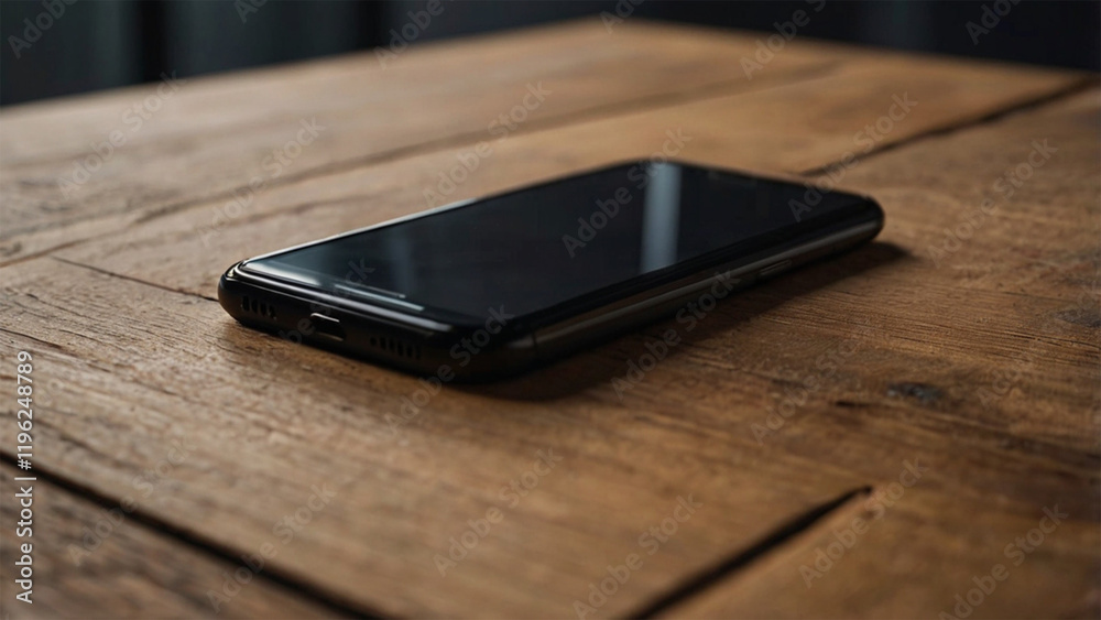 Minimalist smartphone with a black screen placed on a wooden table, surrounded by soft natural lighting and subtle reflections Minimalist smartphone with a black screen placed on a wooden table, surrounded by soft natural lighting and subtle reflections
