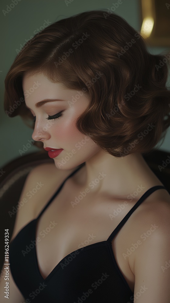 Close-up portrait of a stylish woman with vintage hairstyle and makeup, wearing a black top. Elegance and retro charm. Close-up portrait of a stylish woman with vintage hairstyle and makeup, wearing a black top. Elegance and retro charm.