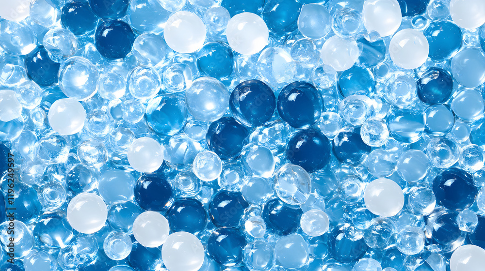 A vibrant assortment of translucent beads in varying shades of blue and white, creating a visually striking pattern against a light background A vibrant assortment of translucent beads in varying shades of blue and white, creating a visually striking pattern against a light background