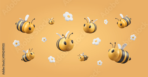Background with 3d bee and white flowers buds. Insects flying on yellow backdrop. Minimalist beekeeping banner. Summer vector illustration with striped character in plastic style.