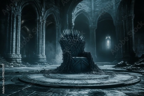 Illustration of a Spacious Gothic Castle Hall with Dark Throne, Empty Interior - 