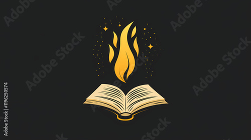 A modern emblem logo with a flame and bible, designed to inspire a deeper connection to faith and ignite curiosity for gen z. Rainspire. Illustration