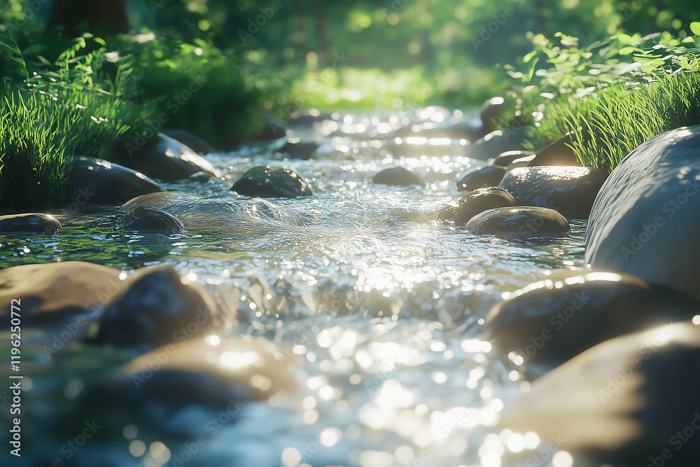 Fototapeta premium A crystal-clear stream flowing over smooth rocks in a wooded glade