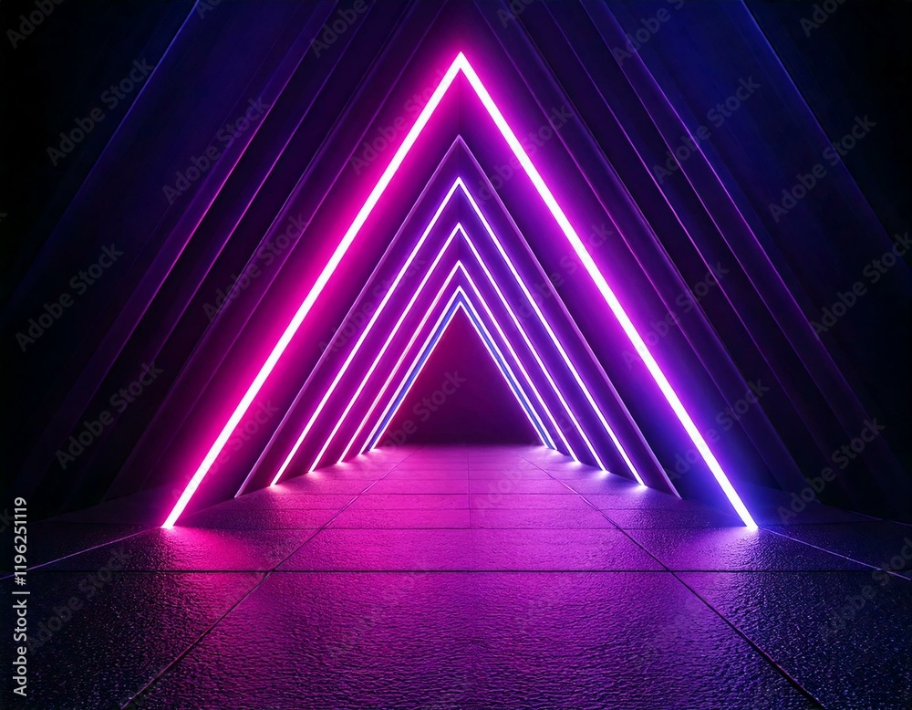 Fototapeta premium Neon light tunnel perspective. Vector realistic illustration of dark hall