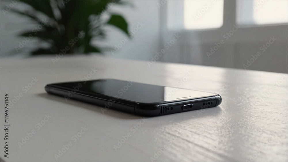 Minimalist smartphone with a black screen placed on a wooden table, surrounded by soft natural lighting and subtle reflections Minimalist smartphone with a black screen placed on a wooden table, surrounded by soft natural lighting and subtle reflections