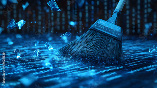 A broom sweeps across a surface of glowing blue computer code, shattering fragments of data.