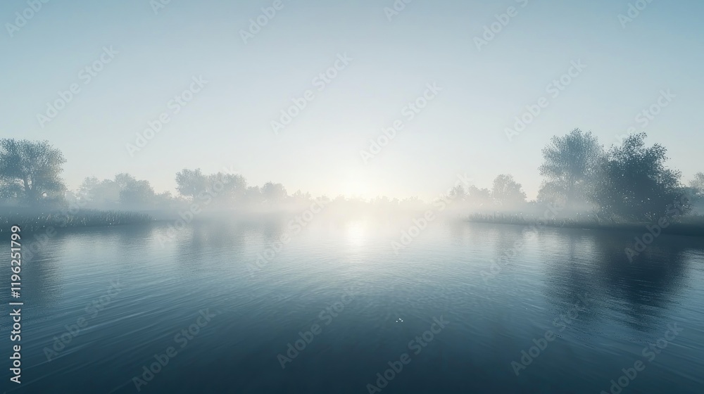 Misty sunrise over calm lake, trees reflected, tranquil scene Misty sunrise over calm lake, trees reflected, tranquil scene