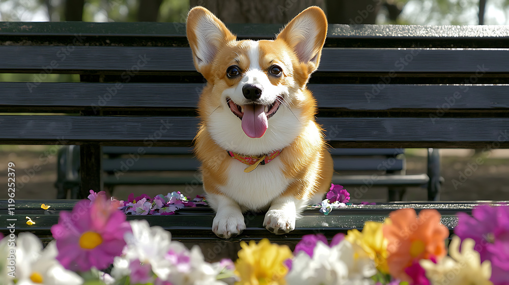 A happy dog is sitting on a bench next to a flower bed. generated by AI A happy dog is sitting on a bench next to a flower bed. generated by AI