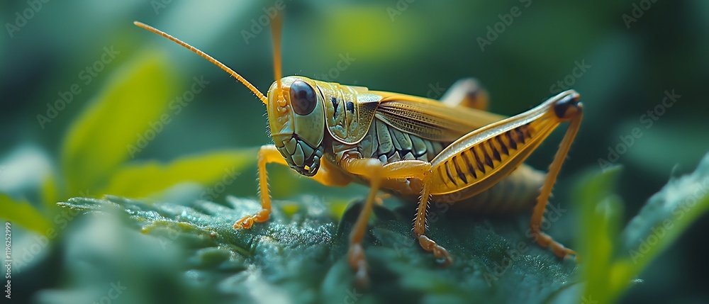 Fototapeta premium Yellow grasshopper on green leaf.