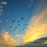 View of a flock of birds flying into a beautiful sky during sunset