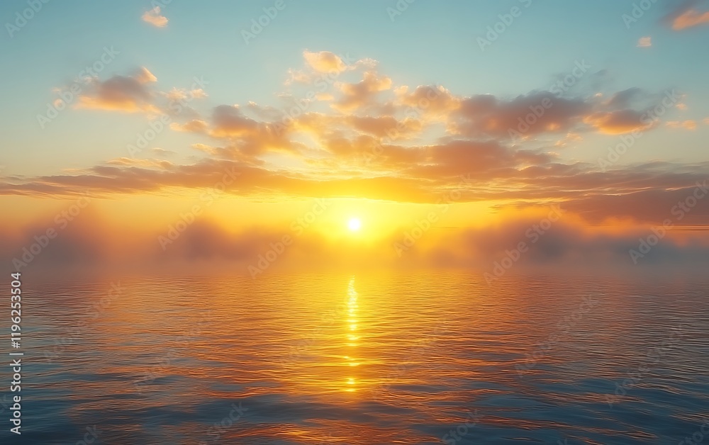 Obraz premium Calm ocean sunset with hazy clouds.