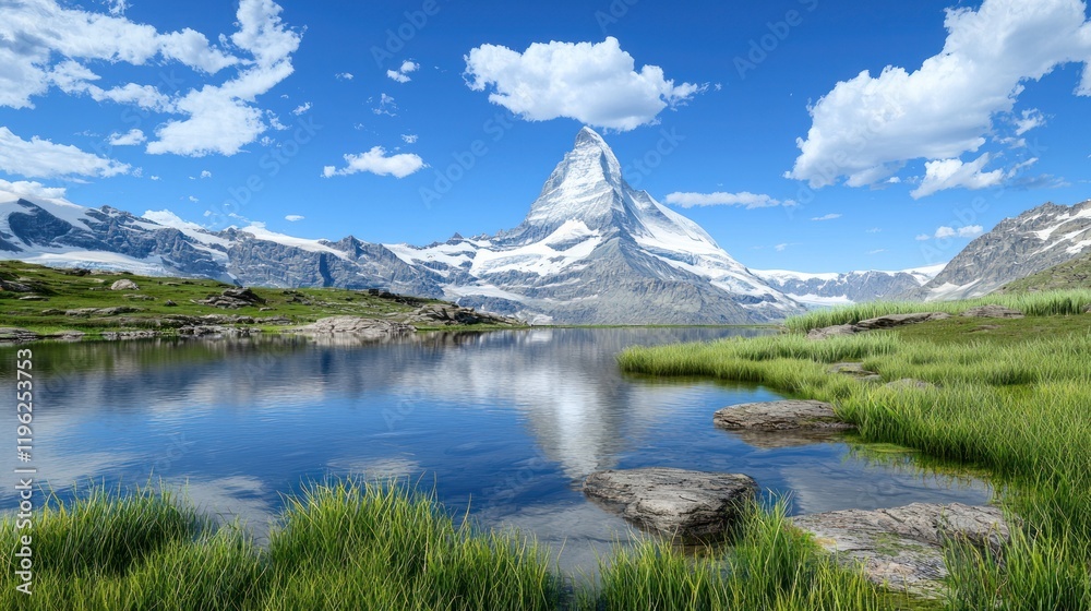 Scenic view of a mountain reflected in a serene lake. Scenic view of a mountain reflected in a serene lake.
