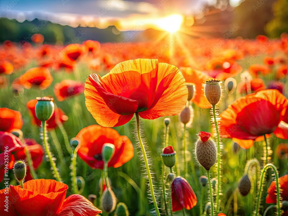 Obraz premium Stunning close-up of vibrant red poppy blooms in a wildflower field; breathtaking nature photography.