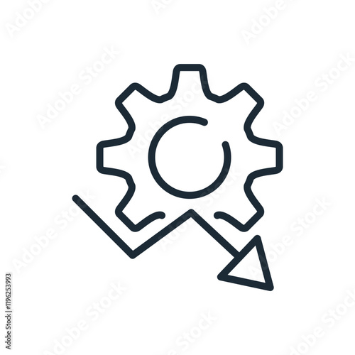 Gear with arrow graph down. Vector linear illustration icon isolated on white background.