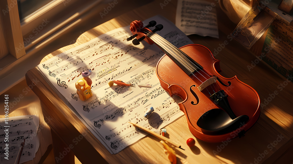 Naklejka premium A beautifully lit, close-up shot of a child's violin and bow lying on a wooden music stand amidst scattered sheet music and a few toys nearby. Rainspire. Illustration