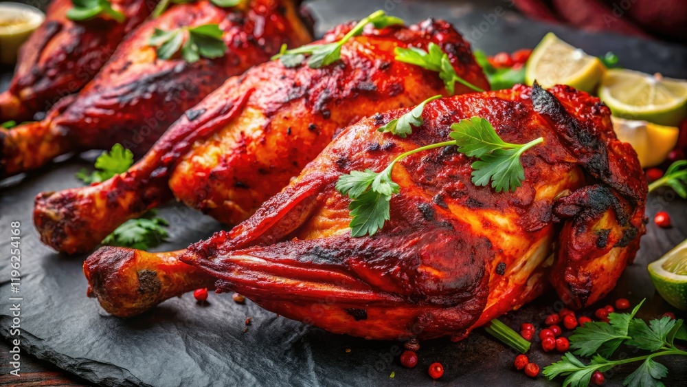 Succulent tandoori chicken, close-up. Spicy Indian roast chicken recipe. Image showcases vibrant color and texture. Succulent tandoori chicken, close-up. Spicy Indian roast chicken recipe. Image showcases vibrant color and texture.