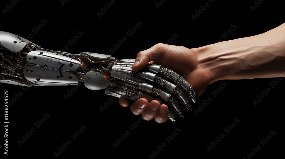 Naklejka premium Man shaking hands with robotic arm