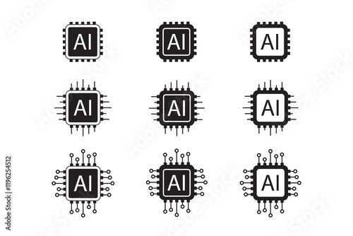 Artificial intelligence AI processor chip icon. AI processor chip vector symbol. AI system icons set. AI Processor circuit vector set.