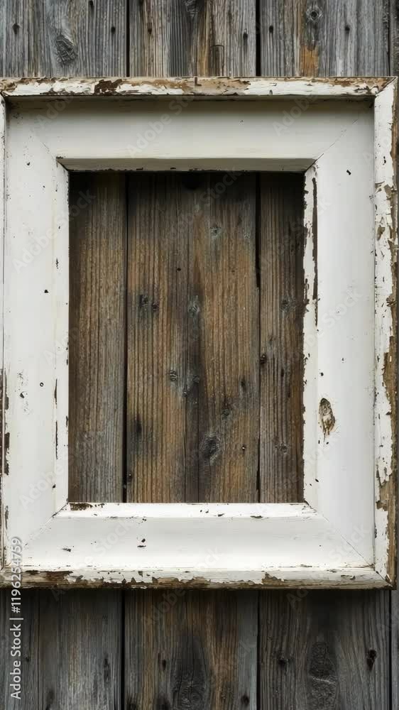 Weathered white frame mounted on rustic wooden wall creates a striking contrast in an outdoor setting Weathered white frame mounted on rustic wooden wall creates a striking contrast in an outdoor setting