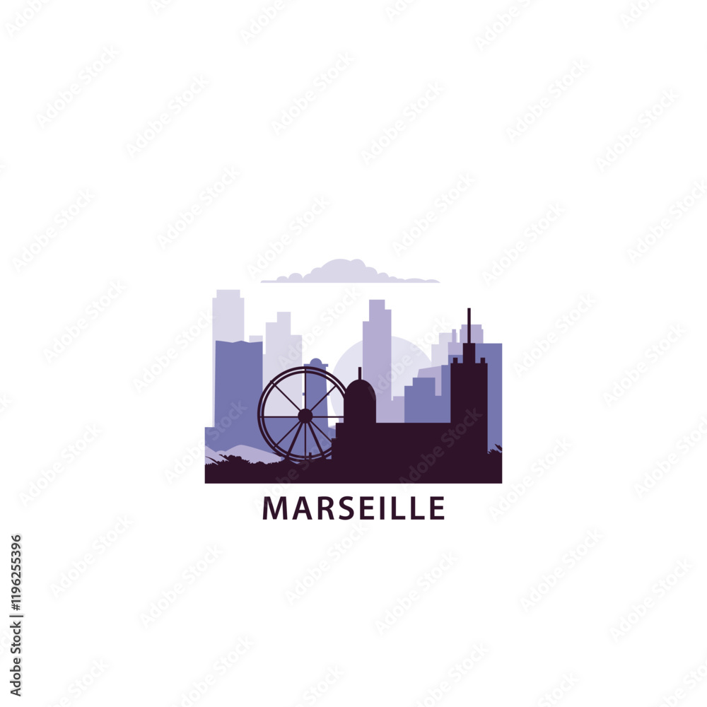 Obraz premium Marseille logo with skyline, cityscape retro vector icon. France city horizon, facade, travel logotype