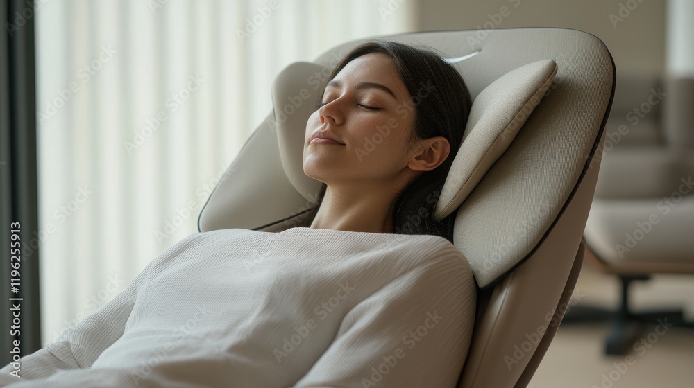 A person reclining in a chair with their head resting on a cushioned headrest, looking comfortable. A person reclining in a chair with their head resting on a cushioned headrest, looking comfortable.