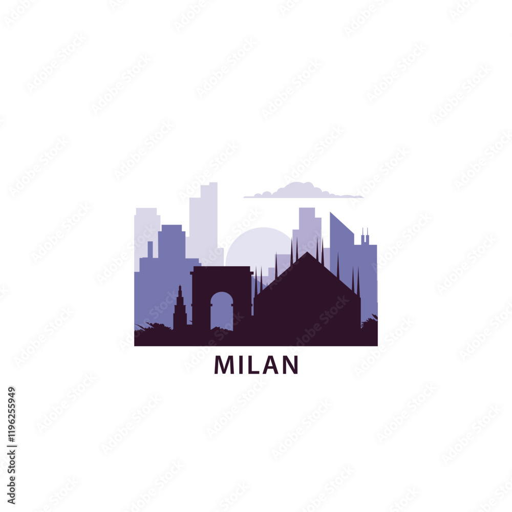 Fototapeta premium Milan logo with skyline, cityscape retro vector icon. Italy city horizon, facade, travel logotype