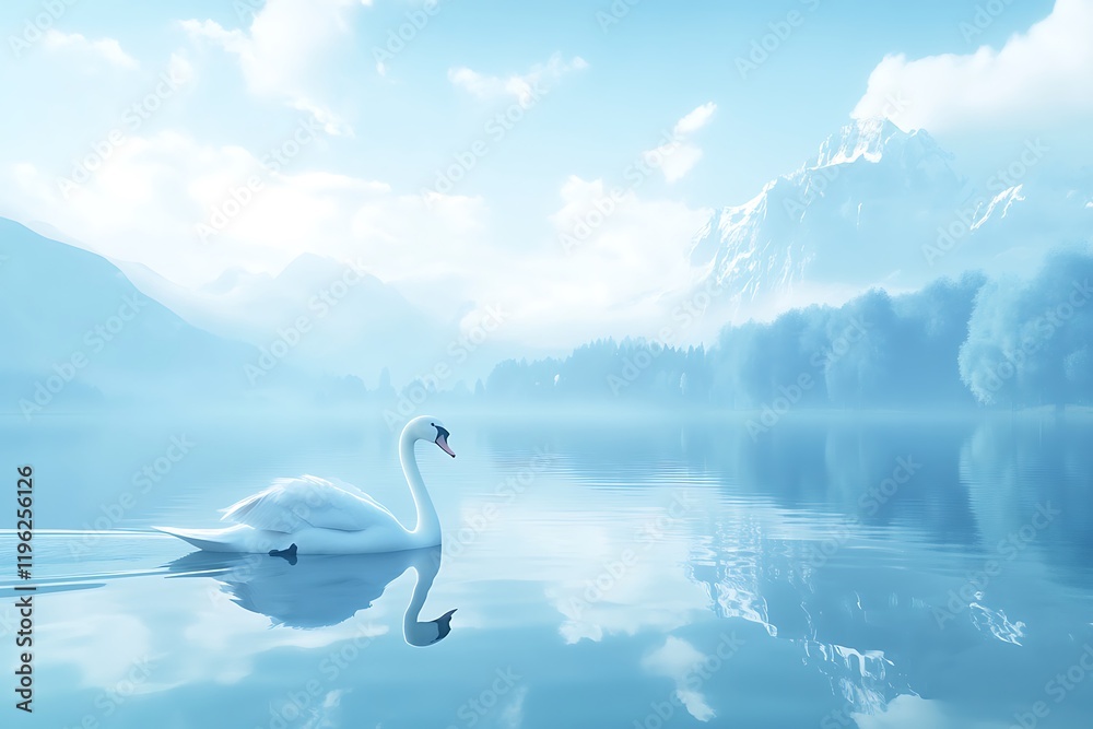 Obraz premium Serene Swan on Misty Lake with Majestic Mountains