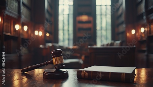 Gavel Strikes: Legal Decisions, Justice System, Courtroom Proceedings, Law Books, Wooden Gavel, Legal Judgement, Legal System, Law, Verdict, Court,  Formal Proceedings in the Hall of Justice. photo