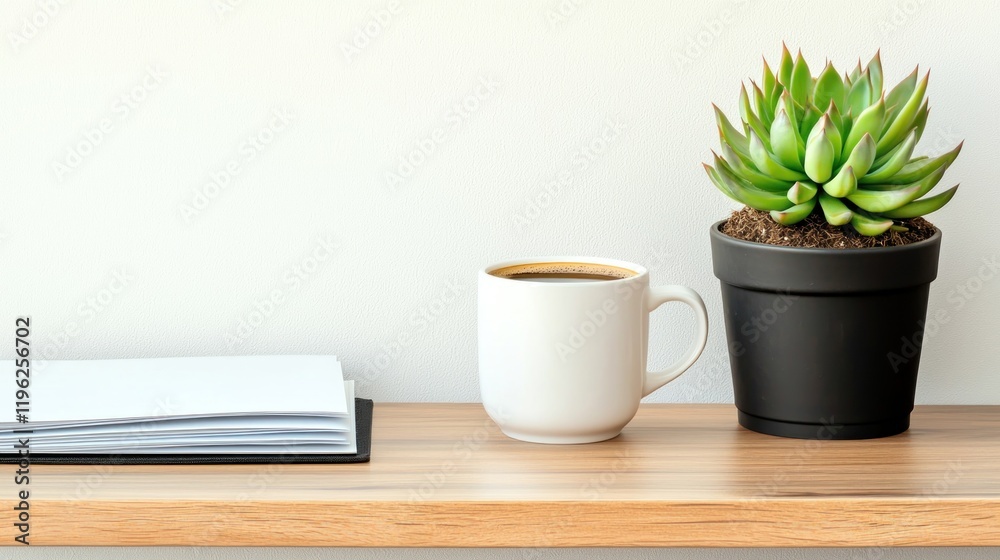 Coffee, succulent, notebook, desk, minimalist, office, morning, calm Coffee, succulent, notebook, desk, minimalist, office, morning, calm