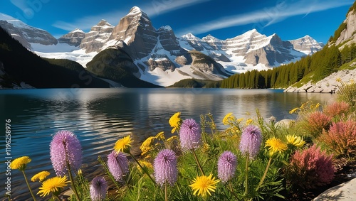 Majestic snow-capped peaks, bathed in warm, golden sunlight, towering above a serene alpine lake, its calm waters mirroring the majestic mountains, with a vibrant tapestry of wildflowers in the foreg photo