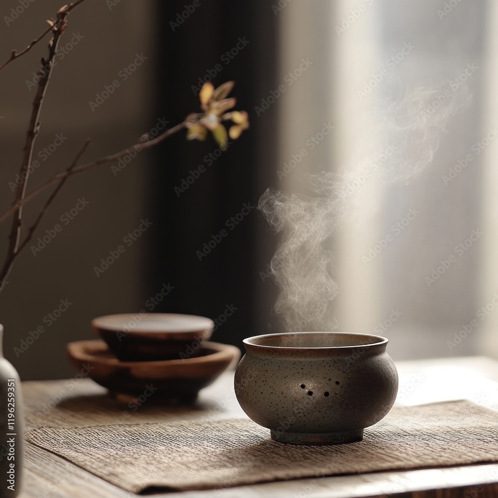 Serene Morning Scene with Steam Rising from a Simple Ceramic Cup Serene Morning Scene with Steam Rising from a Simple Ceramic Cup