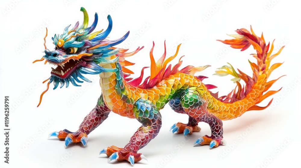 Obraz premium An artistic portrayal of a dragon figurine, featuring vivid colors and intricate details, isolated on white.