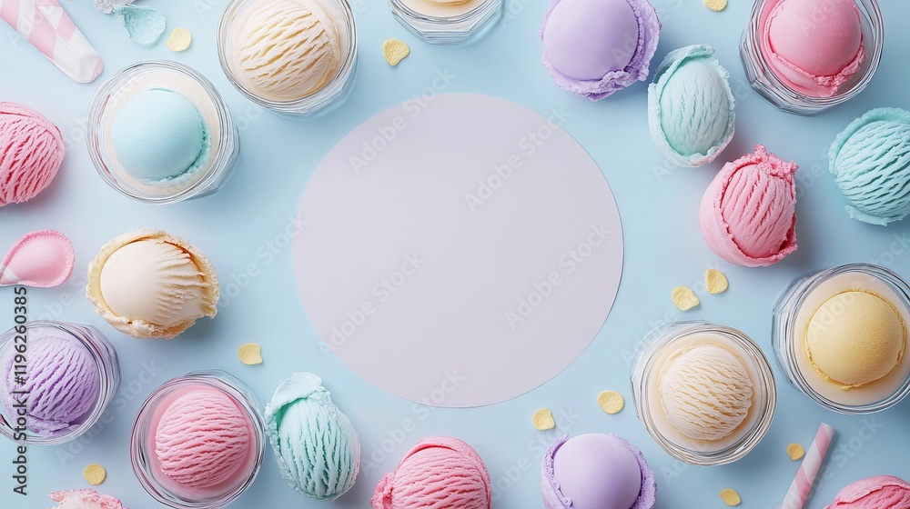 Fototapeta premium Vibrant Assortment of Colorful Ice Creams on Bright Blue Background Evoking Joy and Delightful Summer