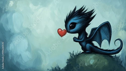 Cute dark blue dragon with red heart, mystical fantasy creature, small dragon, adorable, love, affection, fantasy, art, digital, illustration, vibrant, colors,  childlike,  whimsical,  sweet,  charmin photo