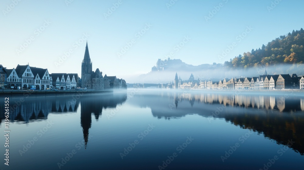 Fototapeta premium Serene lakeside view with reflections and misty morning atmosphere.