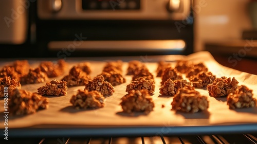 Warm Granola Clusters on Parchment Sheet in Oven