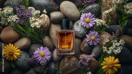 Floral Perfume Bottle on Stones photo