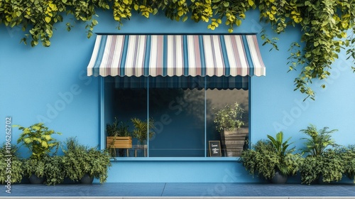 Fototapeta Naklejka Na Ścianę i Meble -  Charming blue storefront with a striped awning and lush greenery, framed by a bright blue sky, perfect for a small business theme