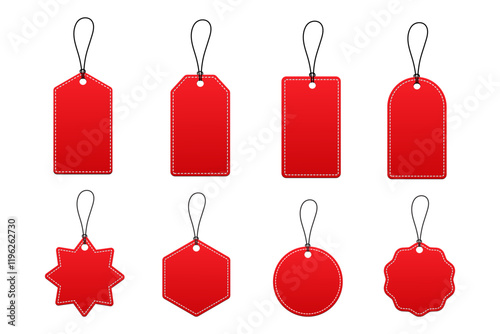 Red tags with dashed line. Price labels with cords, blank tags for luggage and gift cards. Isolated paper tags or price tags set.