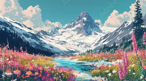 A beautiful artistic nature illustration featuring a snow-covered mountain plateau surrounded by wildflowers, designed in a poster-style aesthetic with soft hues - photo