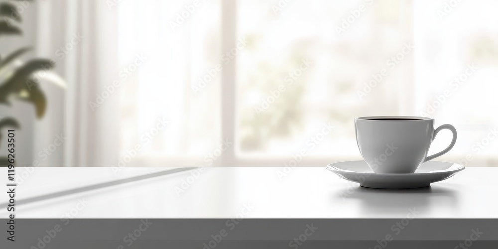 Coffee cup on bright table, window background, home office Coffee cup on bright table, window background, home office