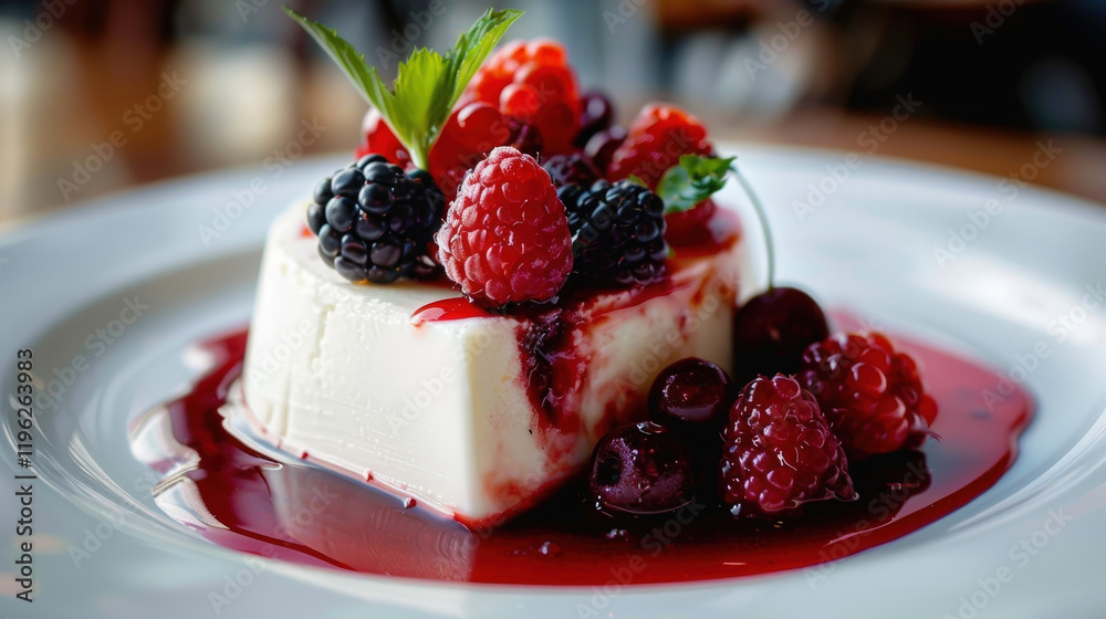 Decadent Slice of Italian Panna Cotta with Fresh Berries and Sauce Decadent Slice of Italian Panna Cotta with Fresh Berries and Sauce
